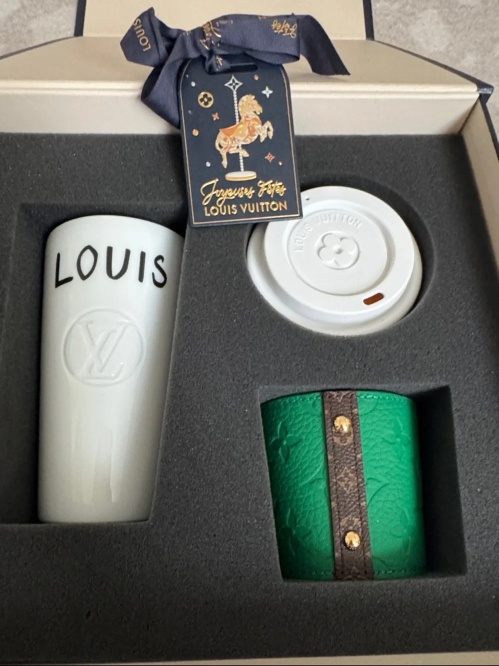 Louis Vuitton Green, White & Navy Travel Mug Gift Set - Picture 3 of 3